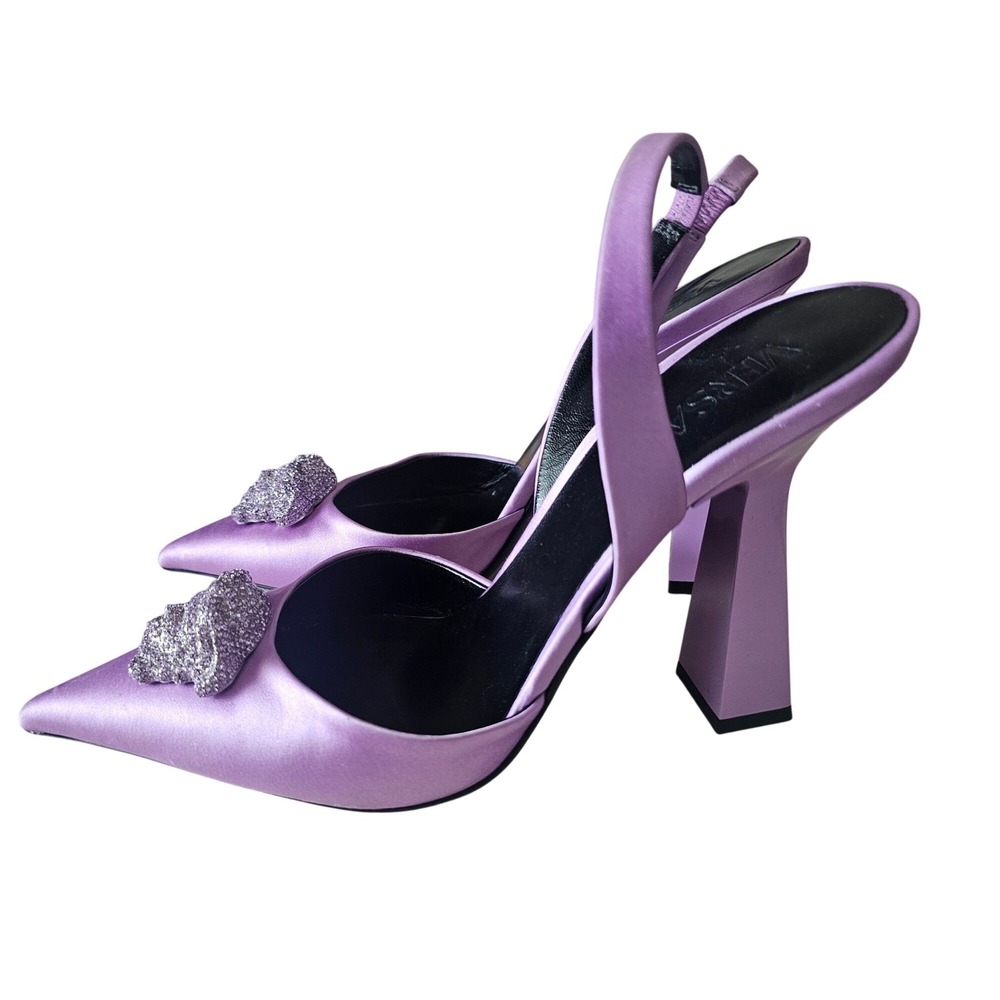 Versace‎ Medusa Crystal Slingback Heels Satin Lilac Pointed Toe 40 TP01